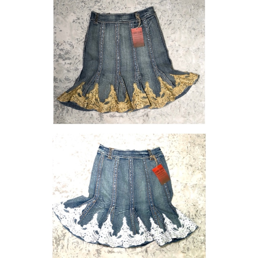 Distressed acid wash Jean denim lace skirt